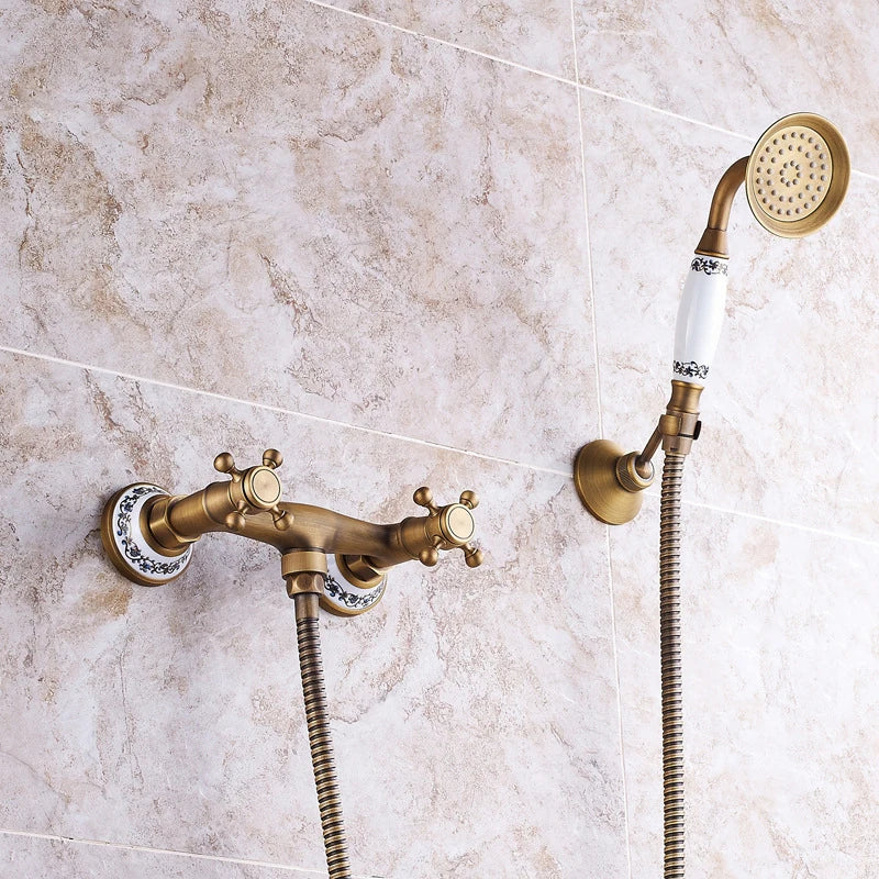 Wall Mount Bathtub Faucet & Handheld Spray – Antique Bronze Brass Bathtub Faucet Set PLUSH Antique brass A