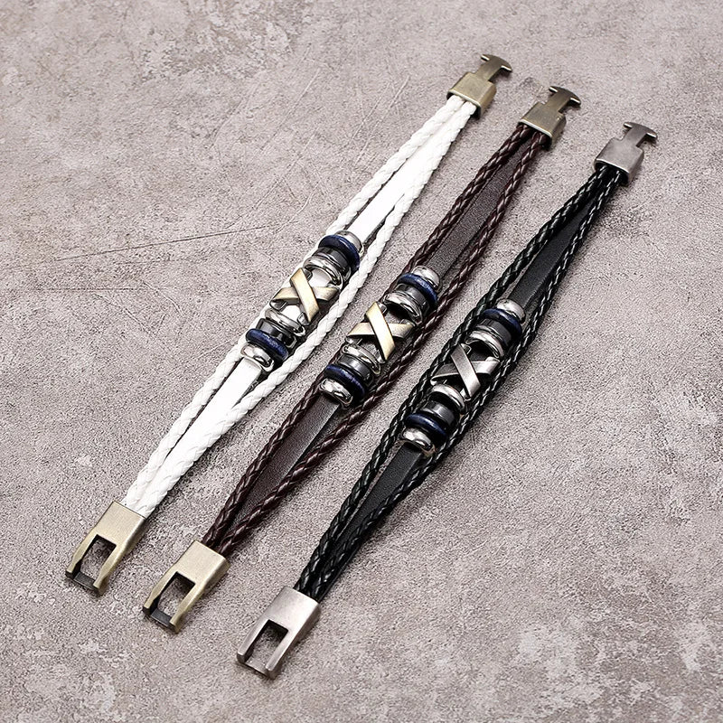 Men's Vintage X Stud Leather Bracelet – Black Brown White Leather Bracelet PLUSH
