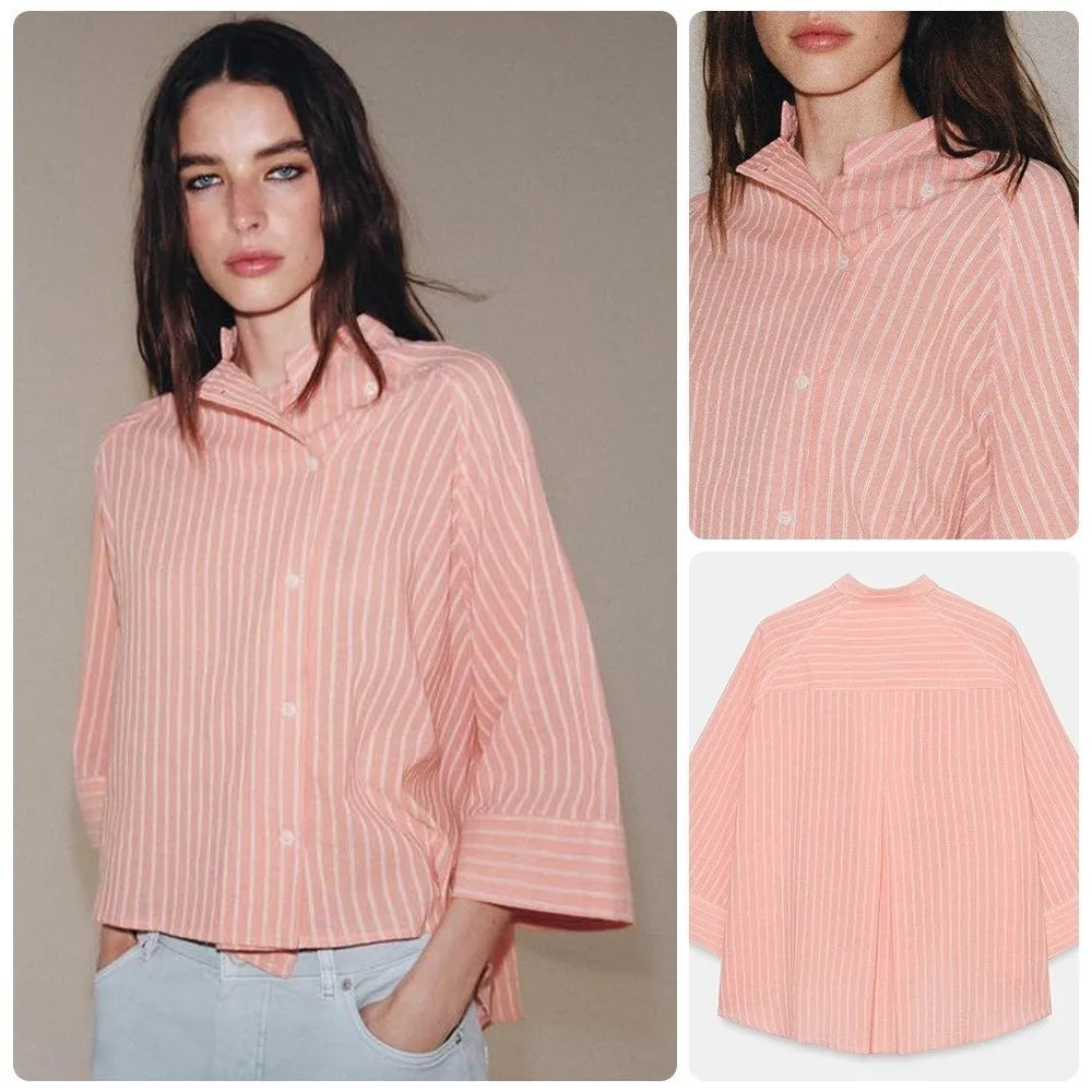 Women's Striped Loose Blouse – Asymmetric Button Top Mid Sleeve Casual Striped Blouse PLUSH