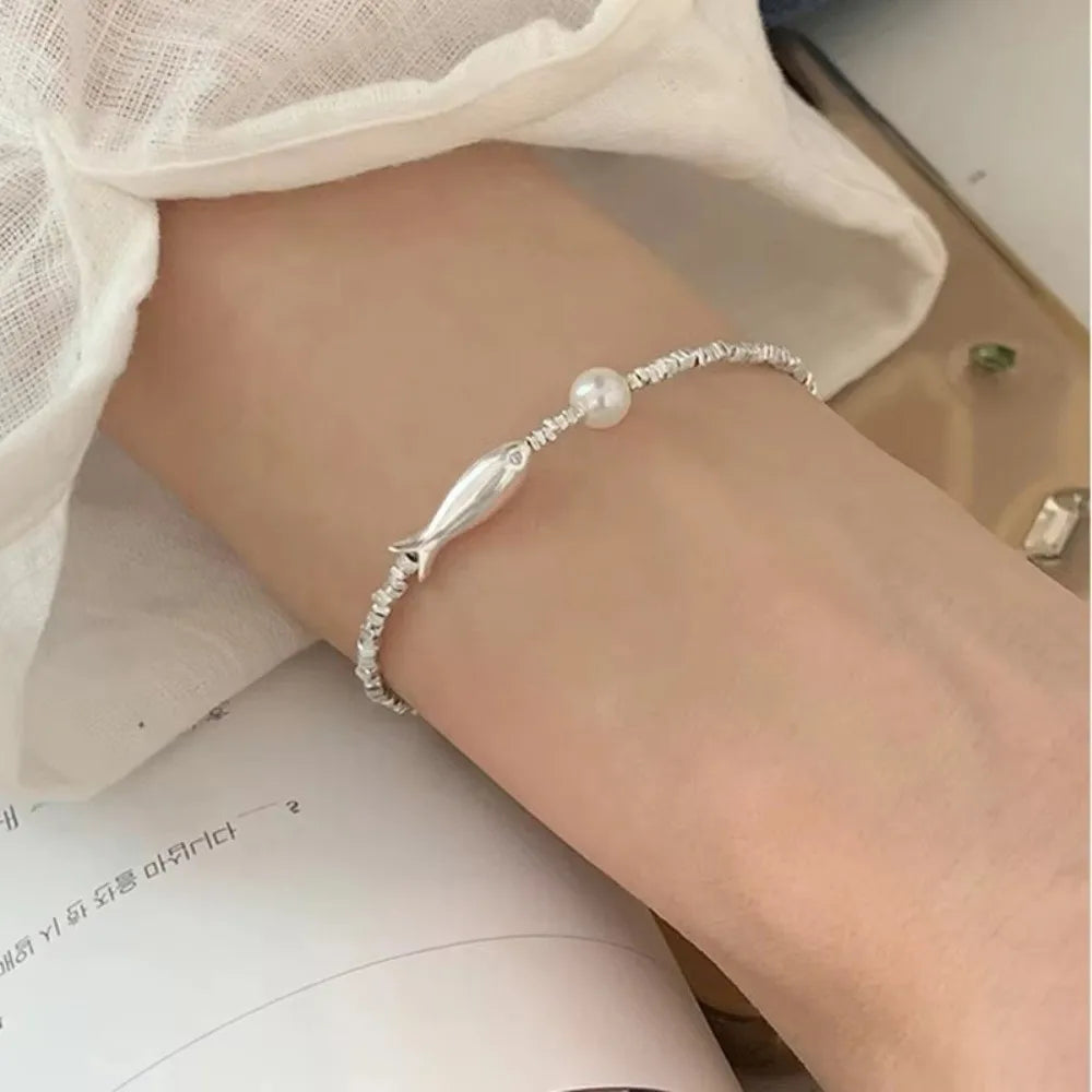 Silver Fish & Imitation Pearl Link Bracelet for Women Fashion Bracelet PLUSH