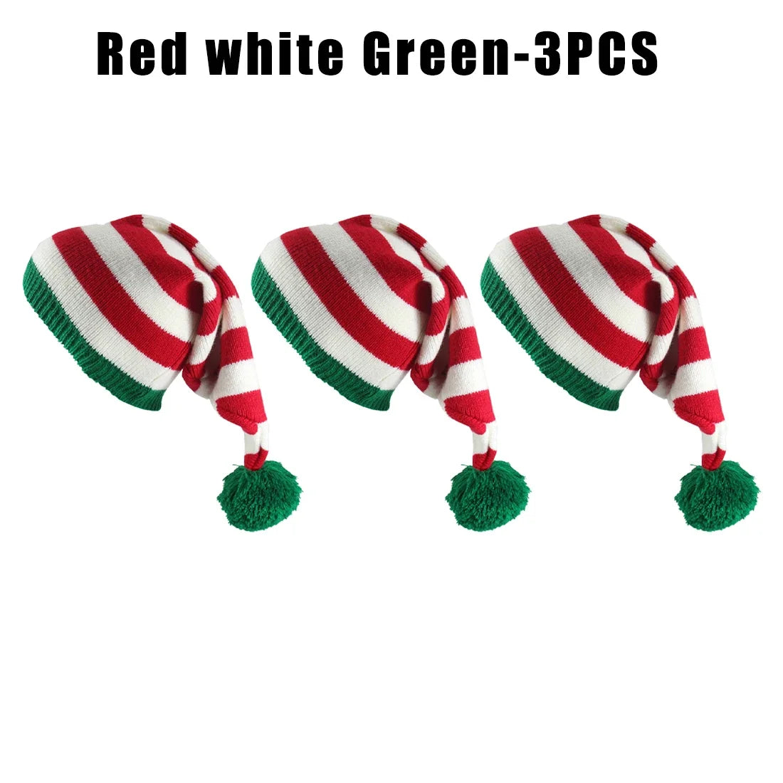 Winter Long Tail Elf Hat Christmas Knit Pom Pom Santa Hat Christmas Elf Hat PLUSH as show Red white Green 3PCS