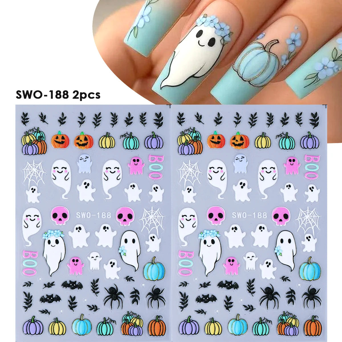 Halloween Nail Decals – Ghosts, Pumpkins & Kawaii Stickers 2pc Nail Art Stickers PLUSH SWO-188 2pcs