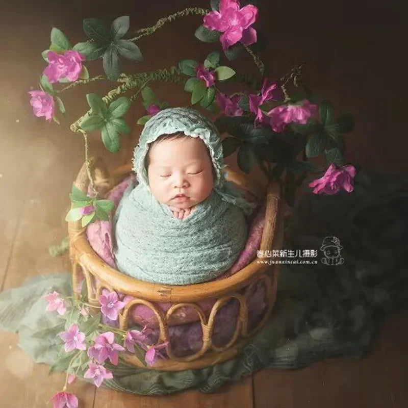 Newborn Photography Basket Prop – Round Hand-Woven Vine Poser Newborn Photography Prop PLUSH