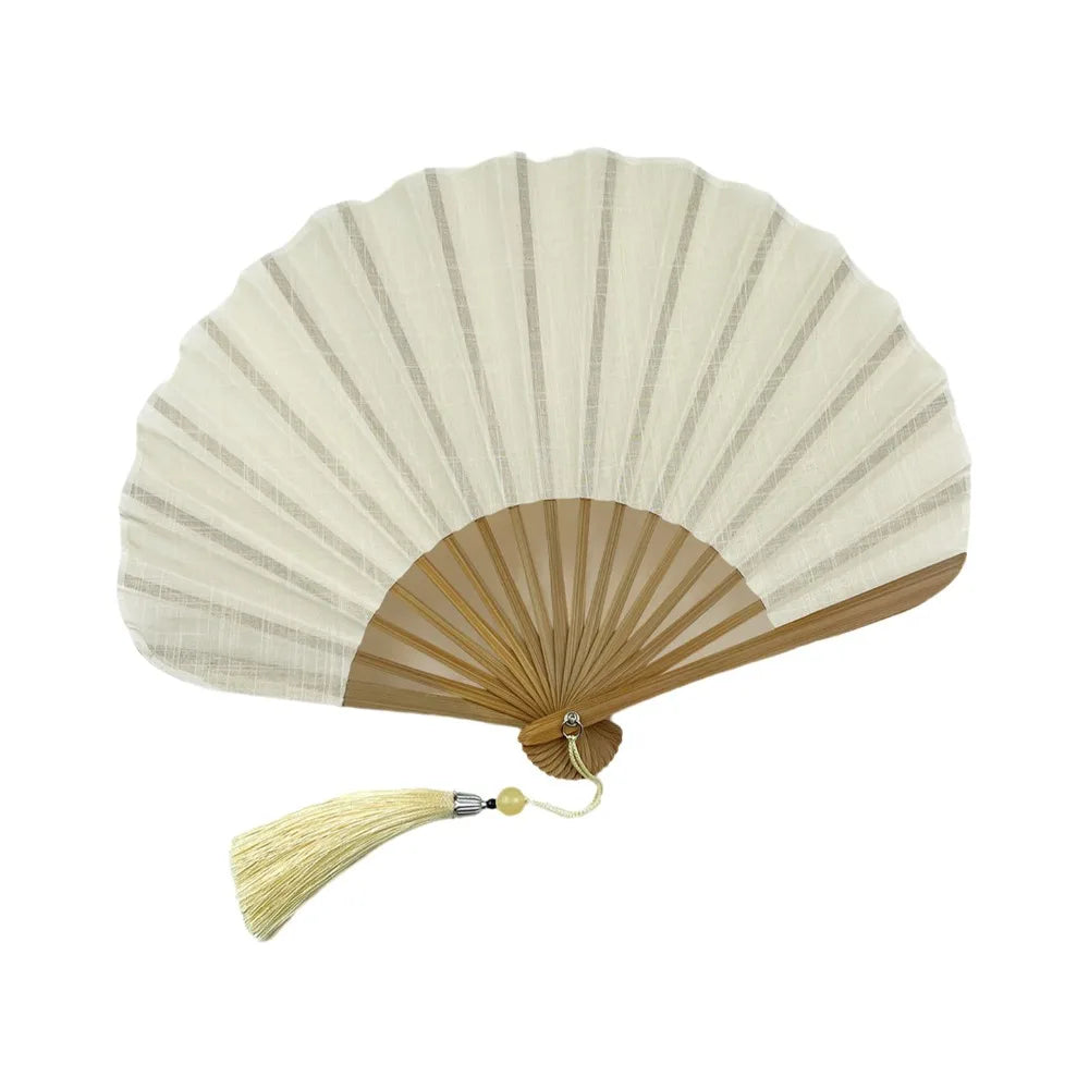 Shell-Shaped Folding Hand Fan – Bamboo Frame & Tassel Folding Hand Fan PLUSH Beige