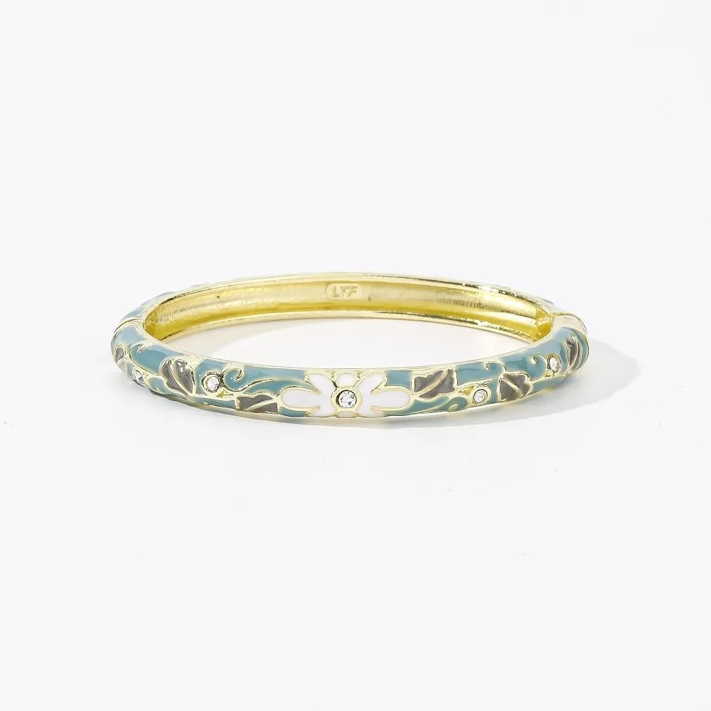 Enamel Cloisonné Bangle – Vintage Chinese Flower Bracelet Enamel Bangle PLUSH Blue White Grey