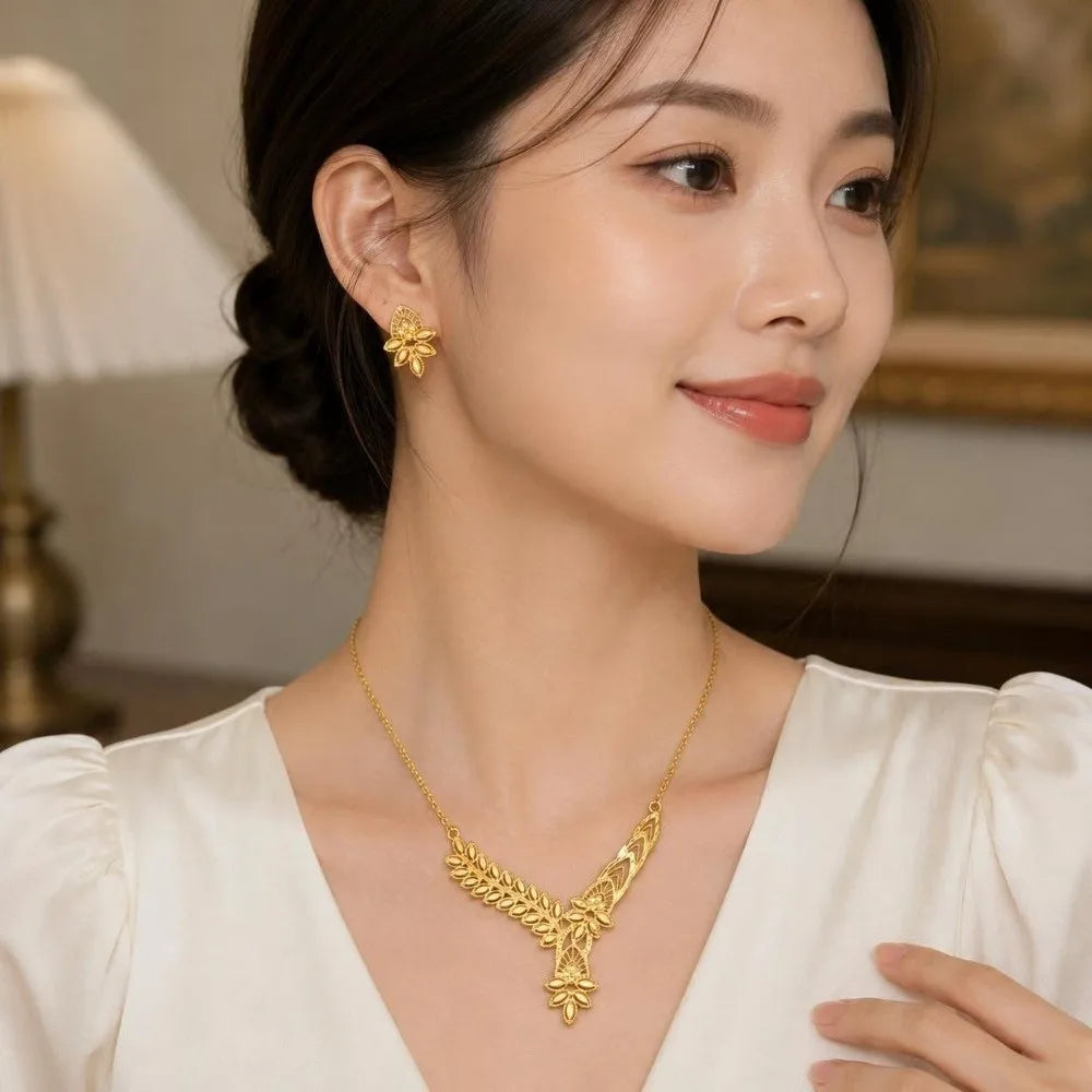 Vintage Gold Flower Jewelry Set – Necklace & Stud Earrings Jewelry Set PLUSH