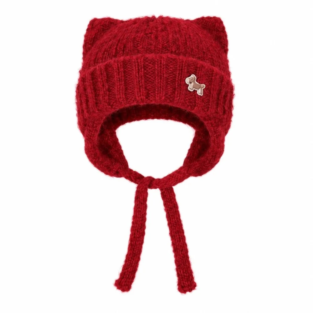 Women's Cat Ears Knit Slouchy Hat – Warm Ear Flap Cap Knit Ear Flap Hat PLUSH Red