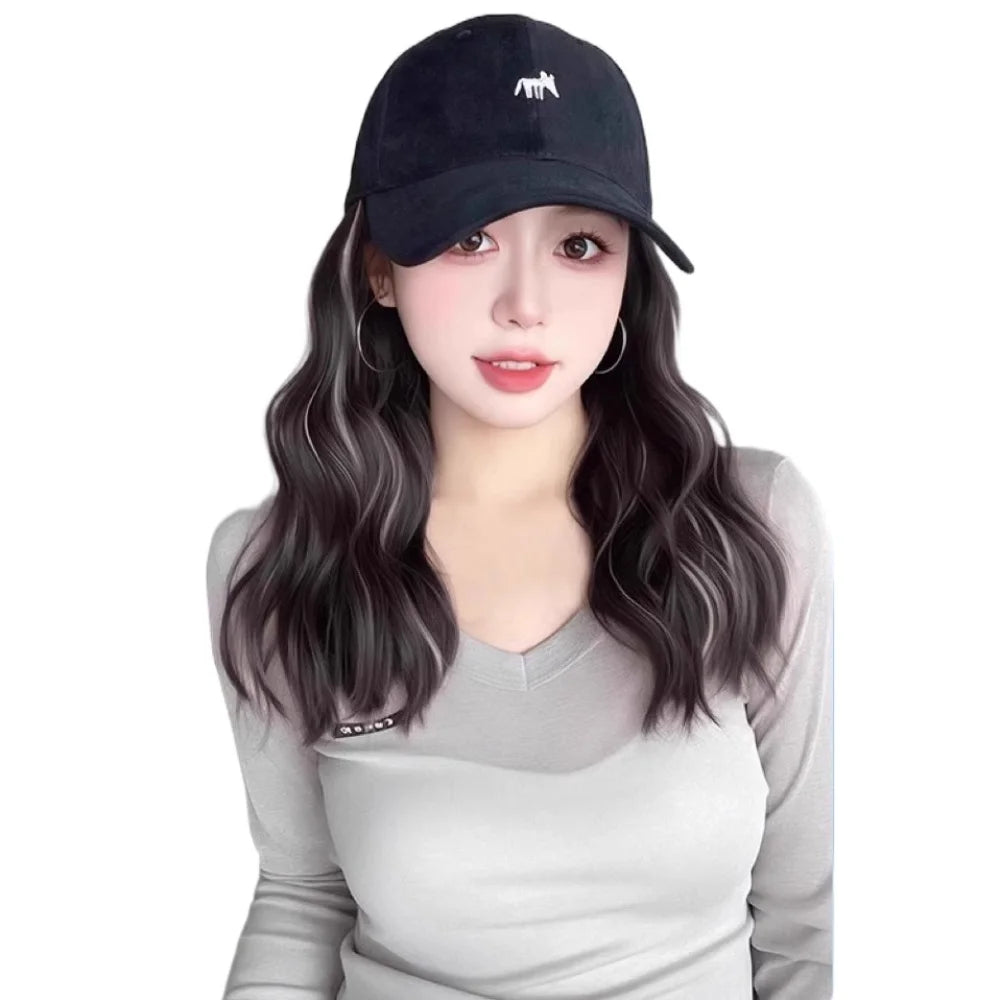 Baseball Cap with Long Wavy Wig – Korean Style Hat Hairpiece Cap Wig Hairpiece PLUSH Black-Black