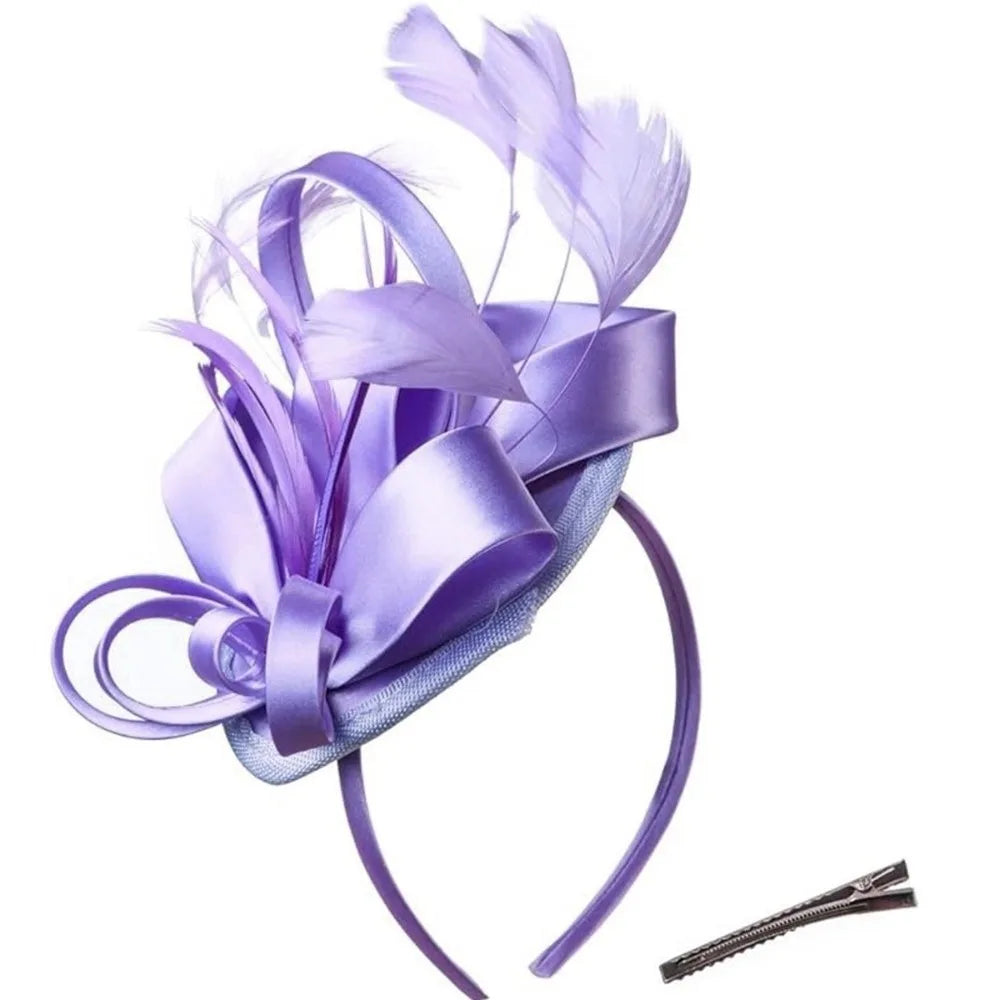 Sweet Bow Feather Fascinator Headband | Tea Party Hair Hoop Fascinator Headband PLUSH Purple