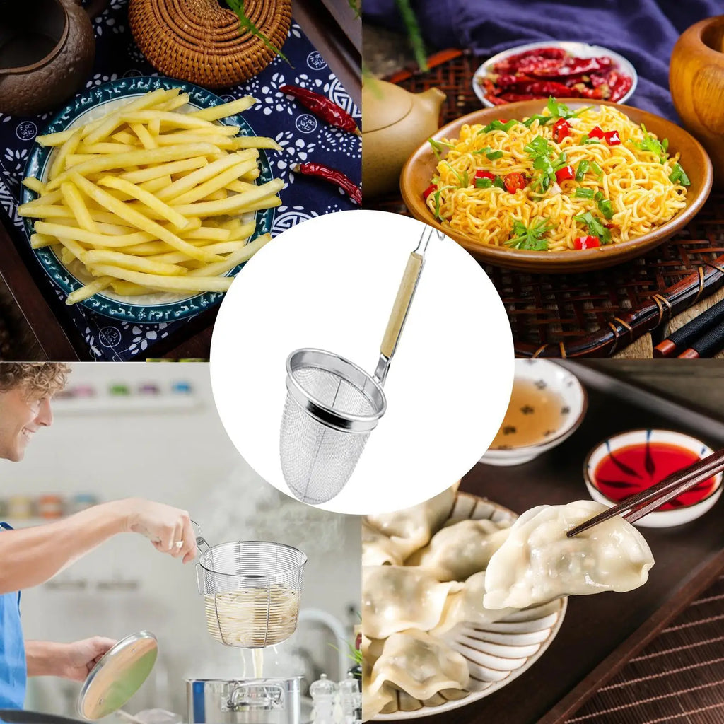 Wooden Handle Stainless Steel Strainer Basket – Pasta Skimmer Kitchen Strainer Basket PLUSH