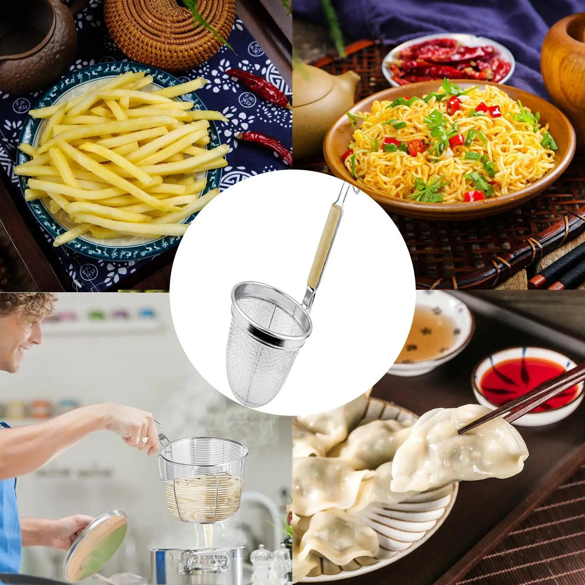 Wooden Handle Stainless Steel Strainer Basket – Pasta Skimmer Kitchen Strainer Basket PLUSH