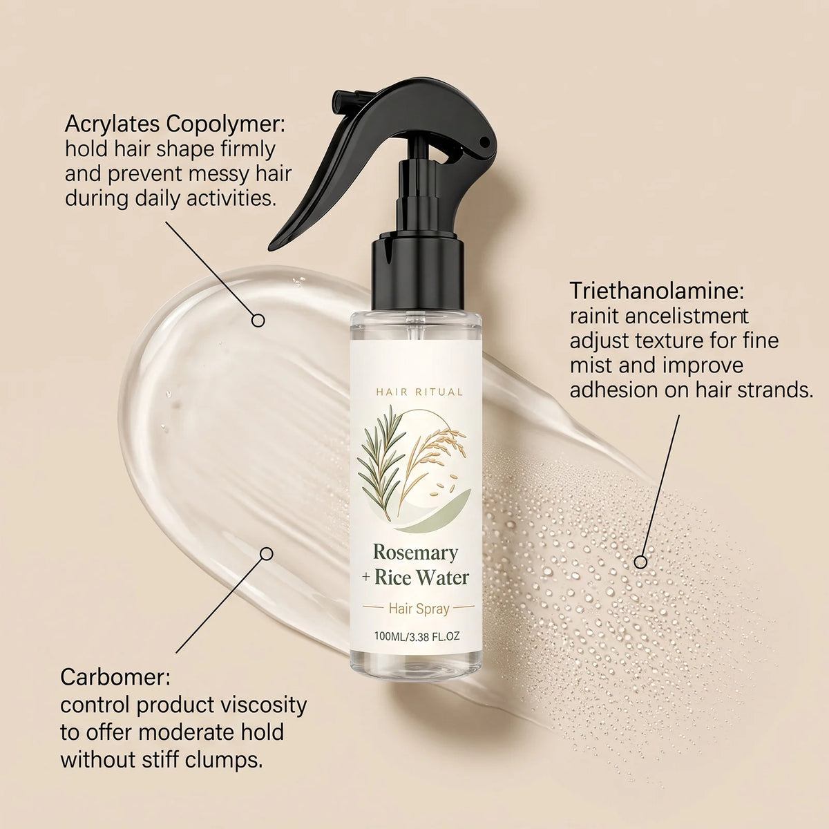 Volumizing Hair Spray with Rosemary & Rice Water – 100ml Hair Styling Spray PLUSH