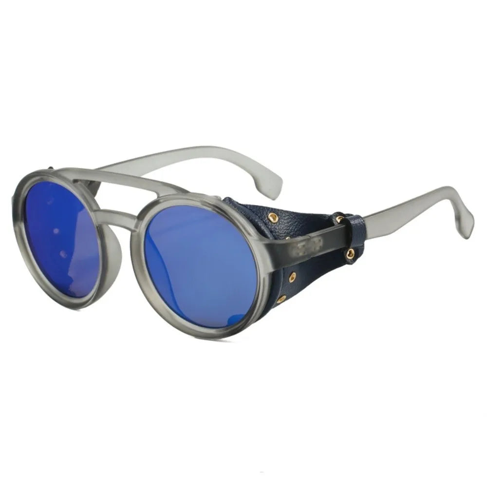 Retro Round Steampunk Sunglasses | Leather Side Shields Steampunk Sunglasses PLUSH Style G