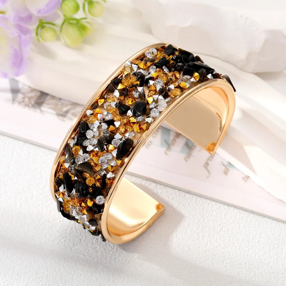 Bohemian Wide Open Cuff Bangle – Rhinestone Stone Bracelet Cuff Bangle Bracelet PLUSH Black