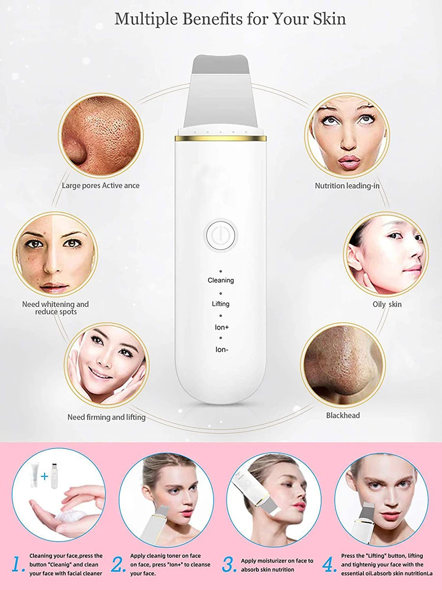 Ultrasonic Skin Scrubber Face Spatula – Pore Cleaner & Lifting Facial Cleansing Device PLUSH