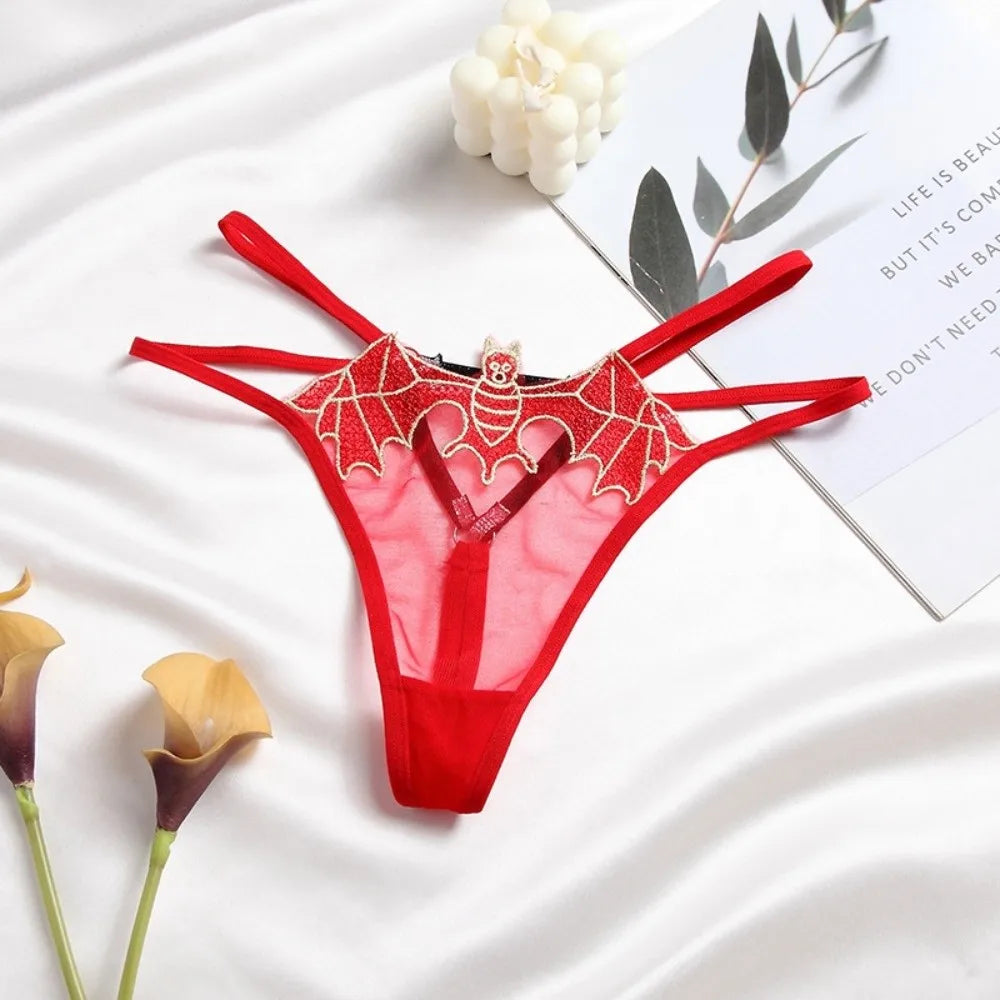 Bat Embroidery Transparent Thong | Women's Low-Rise T-Back Panty Women's Thong Panties PLUSH
