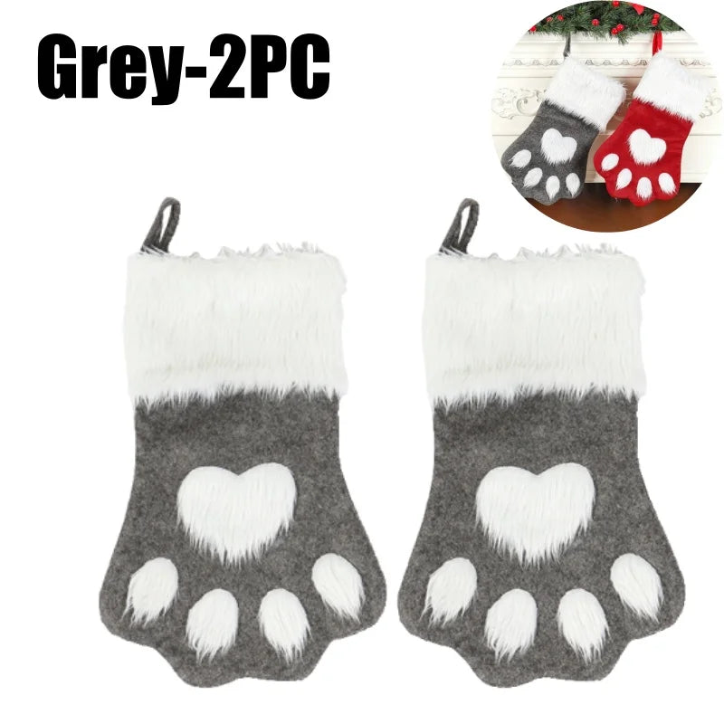 Dog Paw Christmas Stockings – Fuzzy Red Velvet Holiday Set Christmas Stocking Set PLUSH Grey-2PC 44x22cm