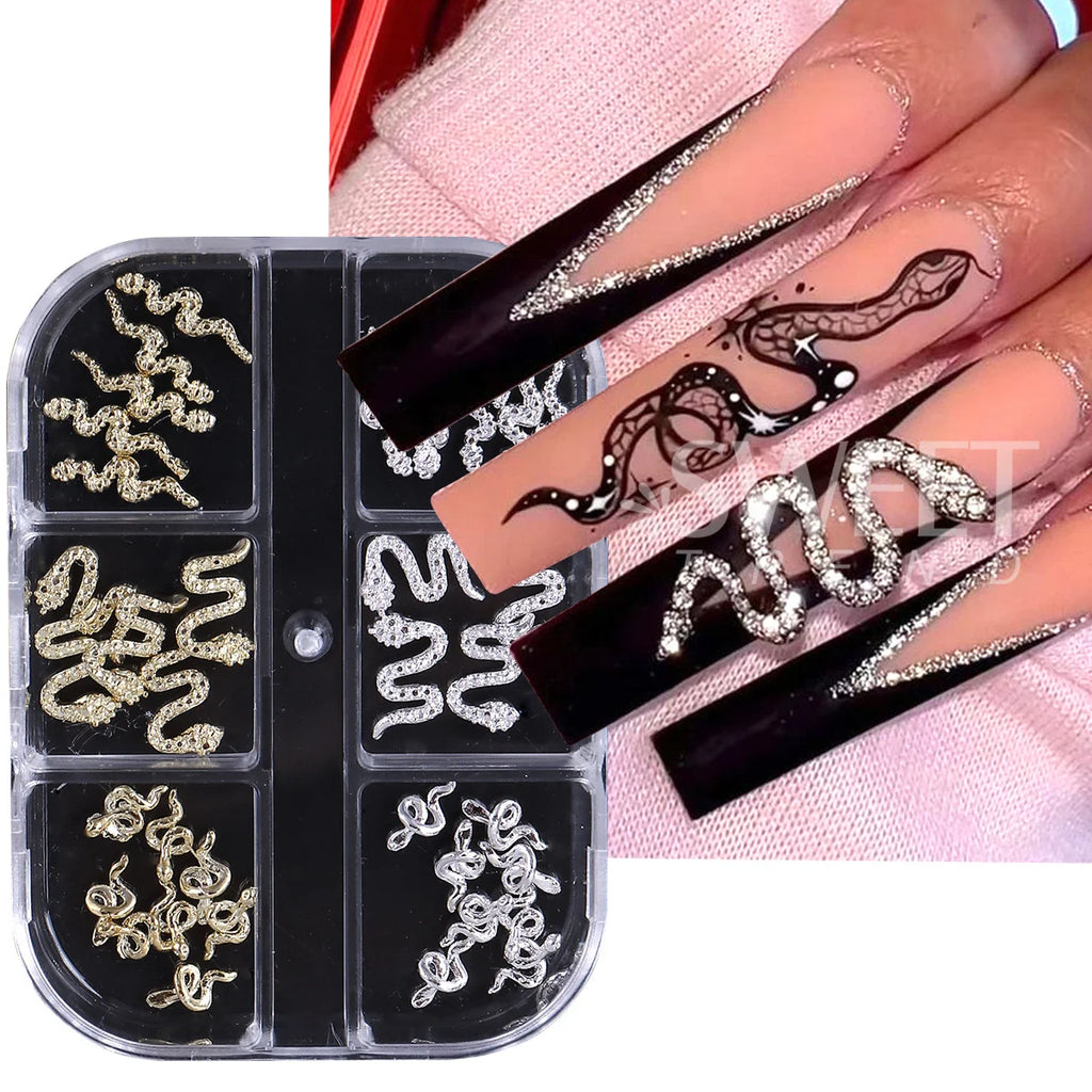 Rhinestone Snake Rivet Nail Charms – Punk Gold & Silver 2 Boxes Nail Art Charms PLUSH