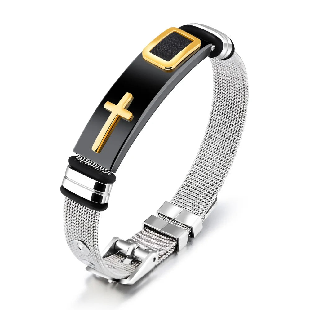 Stainless Steel Cross Bangle – Adjustable Religious Bracelet Religious Bangle Bracelet PLUSH Style D
