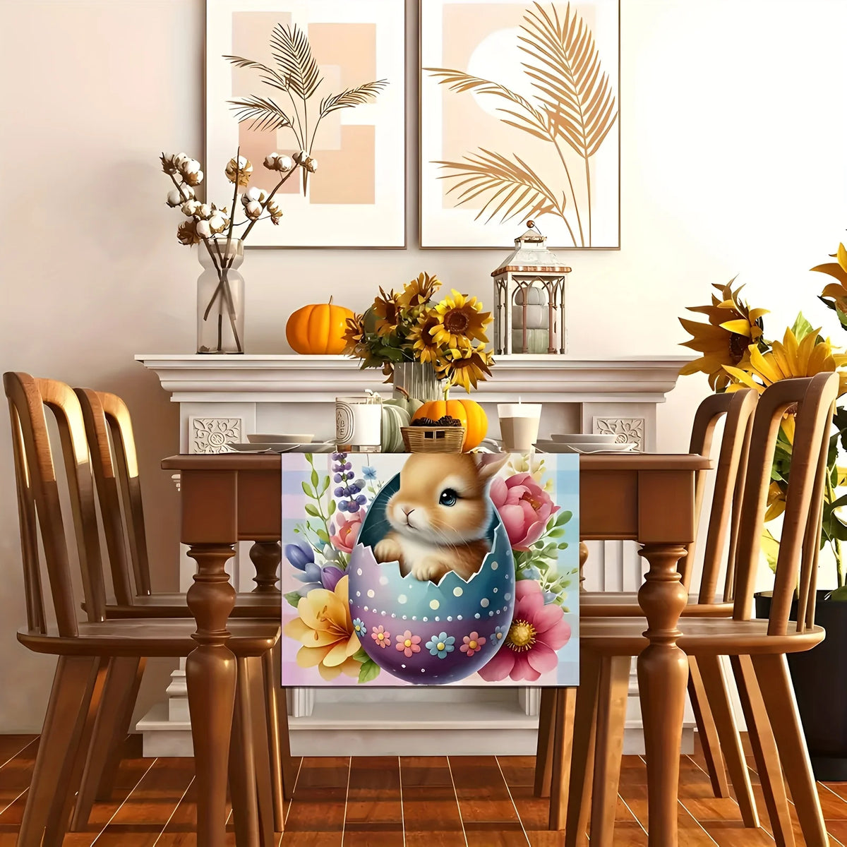 Happy Easter Tablecloth – Rabbit, Eggs & Floral Print | Festive Holiday Tablecloth PLUSH