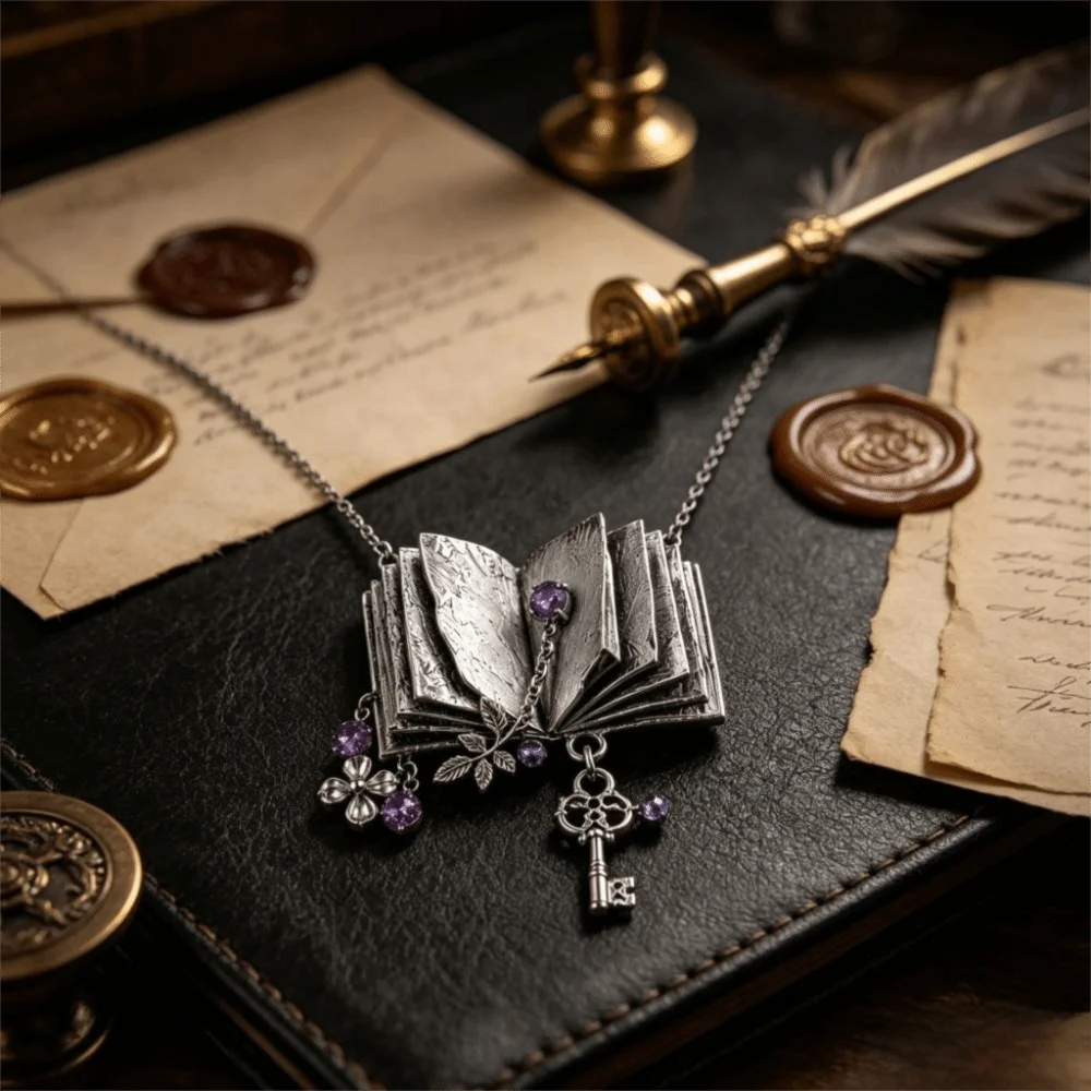 Antique Book Pendant Necklace – Floral Leaf Key Charm Pendant Necklace PLUSH