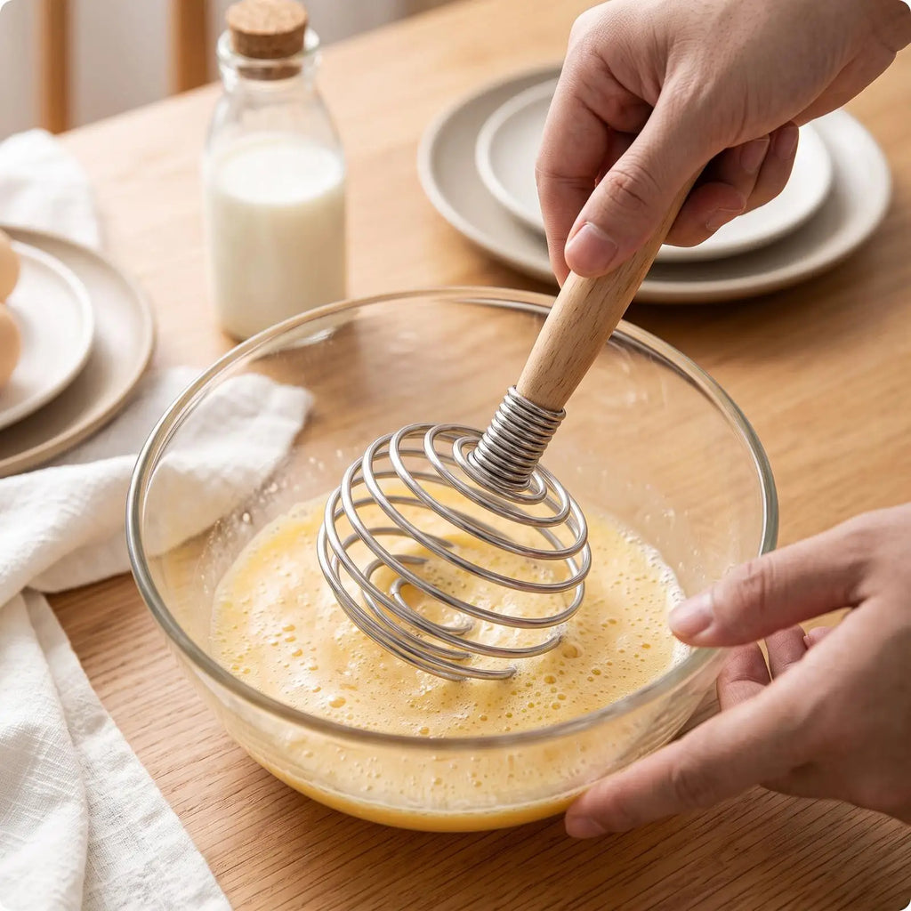 17cm Stainless Steel Coil Hand Whisk with Wooden Handle Kitchen Whisk PLUSH