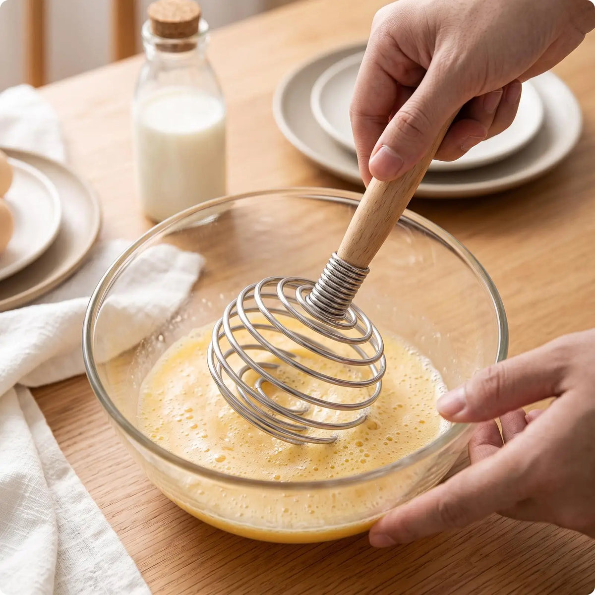 17cm Stainless Steel Coil Hand Whisk with Wooden Handle Kitchen Whisk PLUSH