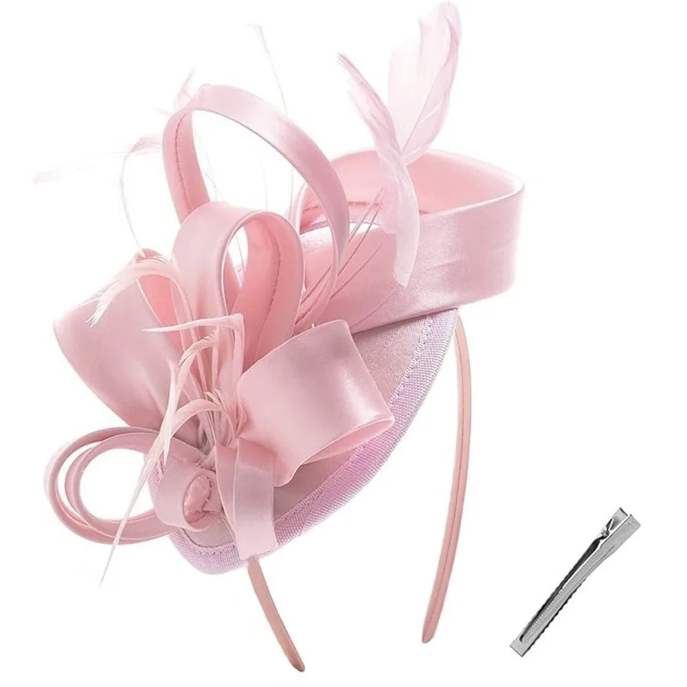Sweet Bow Feather Fascinator Headband | Tea Party Hair Hoop Fascinator Headband PLUSH Pink