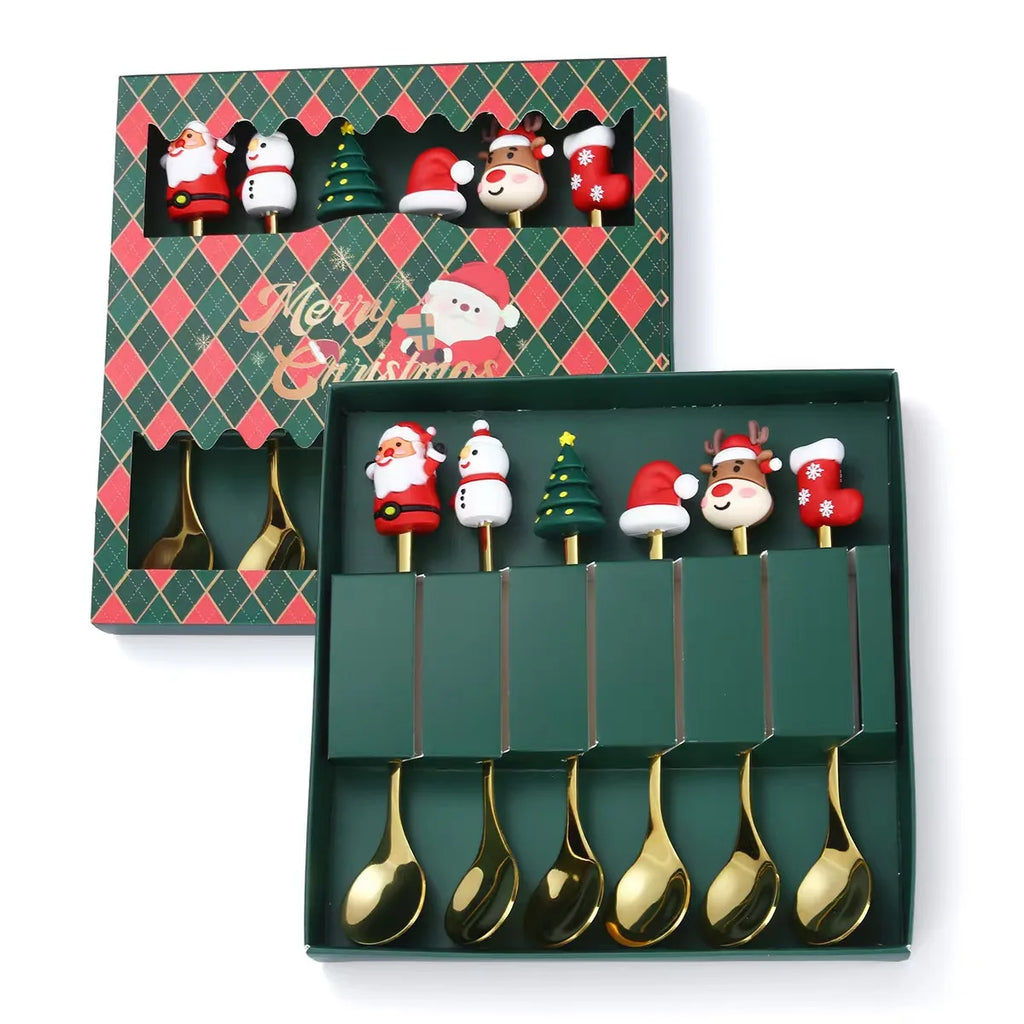 Christmas Santa Cartoon Spoon & Fork Tableware Gift Box Set Holiday Tableware Set PLUSH