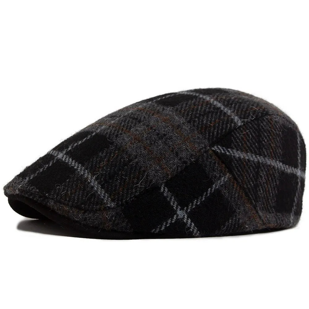 Woolen Plaid Beret Hat – Checkered Duckbill Flat Cap Beret Flat Cap PLUSH Black