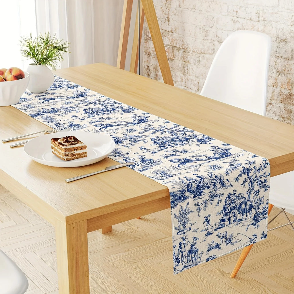 French Country Table Runner – Blue Retro Pastoral Print | 3 Sizes Table Runner PLUSH
