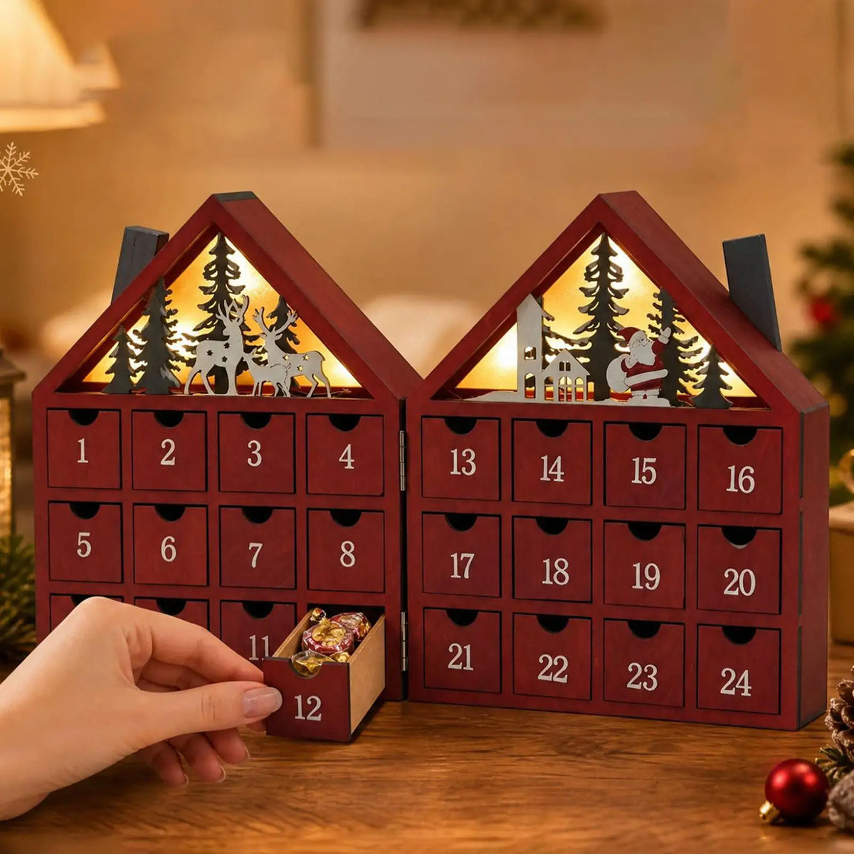 Wooden Christmas Advent Calendar 24 Drawers LED Village House Advent Calendar PLUSH