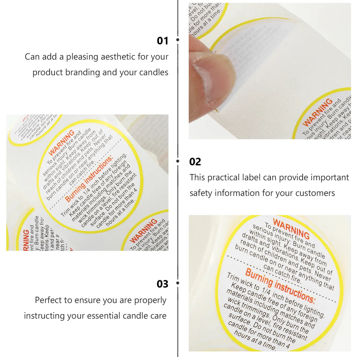 Safety Warning Sticker Roll for Candles, Jars & Wax Melts Warning Label Stickers PLUSH