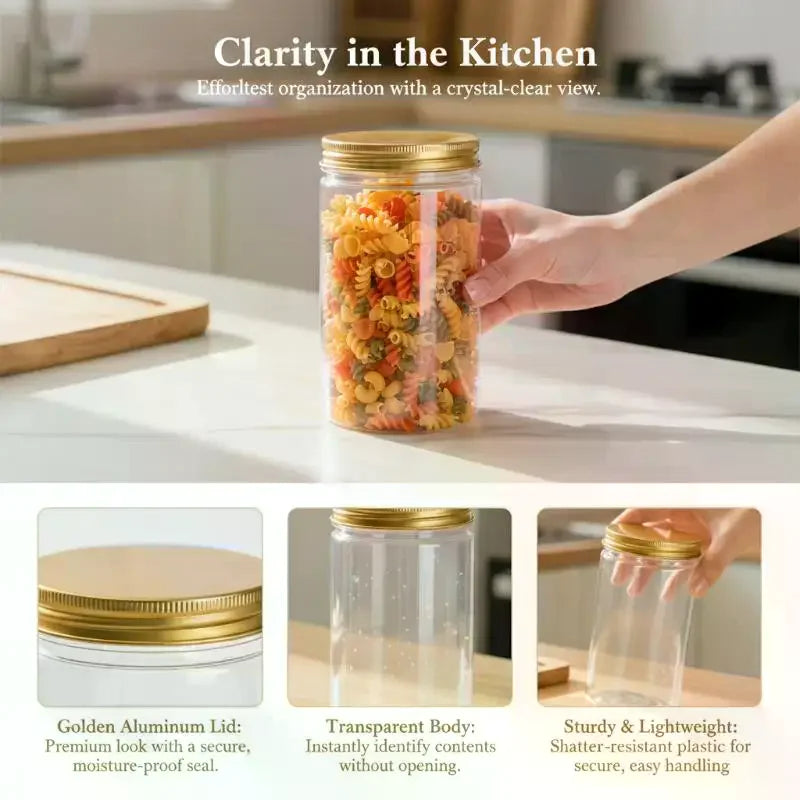 Food-Grade PET Storage Jar with Aluminum Lid | Tea & Snacks Food Storage Jar PLUSH