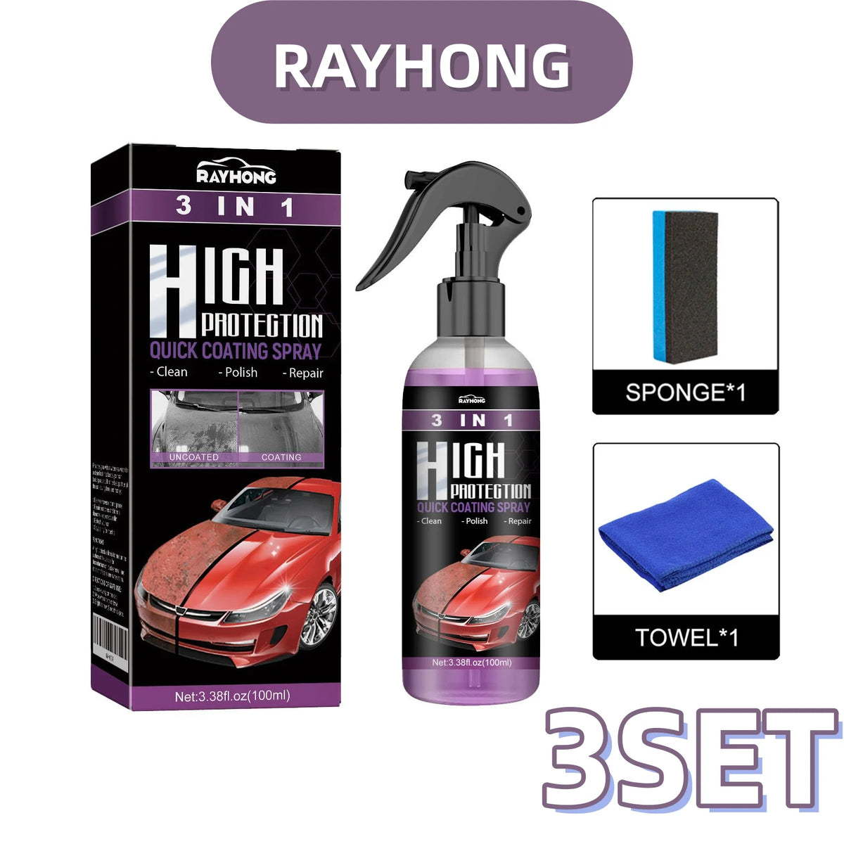 RayHong 3-in-1 Ceramic Coating Spray | Nano Car Paint Protection Ceramic Coating Spray PLUSH 3 SET Boxed