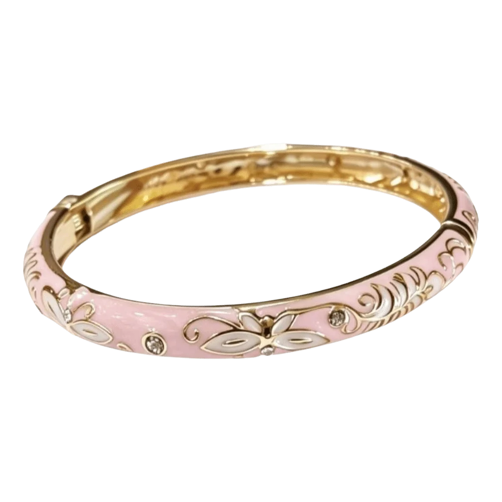 Vintage Cloisonne Enamel Bangle – Floral Butterfly Open Cuff Enamel Cuff Bangle PLUSH Pink