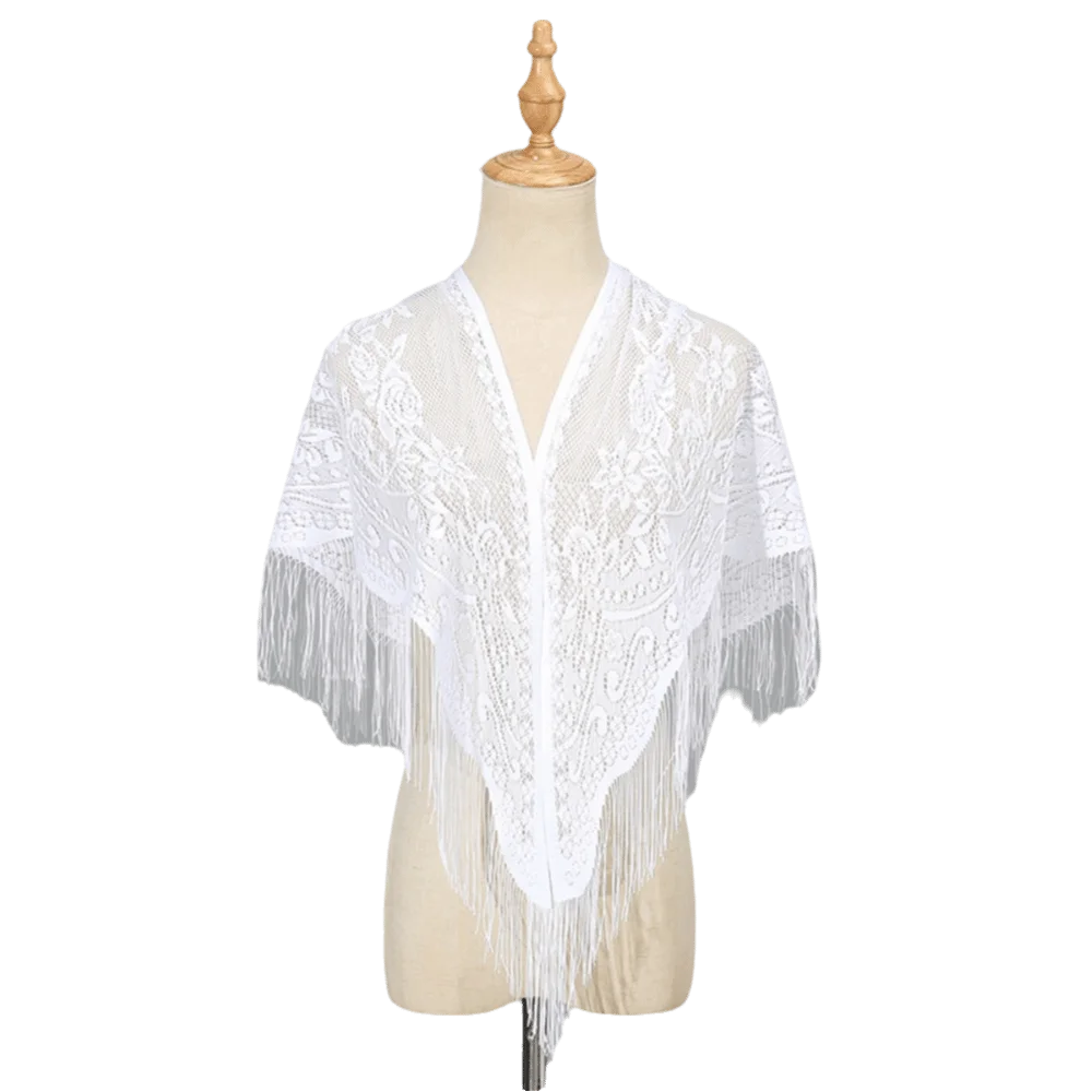 White Lace Mesh Tassel Triangle Shawl | Wedding Scarf Lace Triangle Shawl PLUSH Style B
