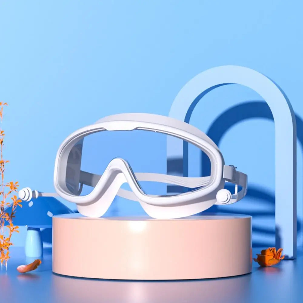 Wide View Anti-Fog Swimming Goggles with Earplugs – Adult Swim Goggles PLUSH white-kid