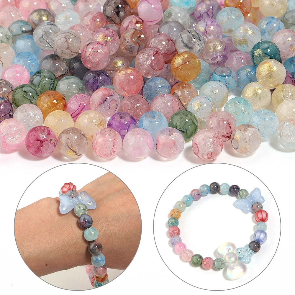 50pcs 8mm Ice Crack Gold Foil Glass Beads for DIY Jewelry Glass Spacer Beads PLUSH
