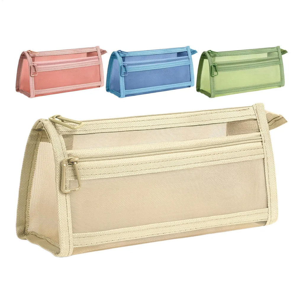 Clear Double-Layer Mesh Pencil Pouch with Zipper & Handle Mesh Pencil Pouch PLUSH
