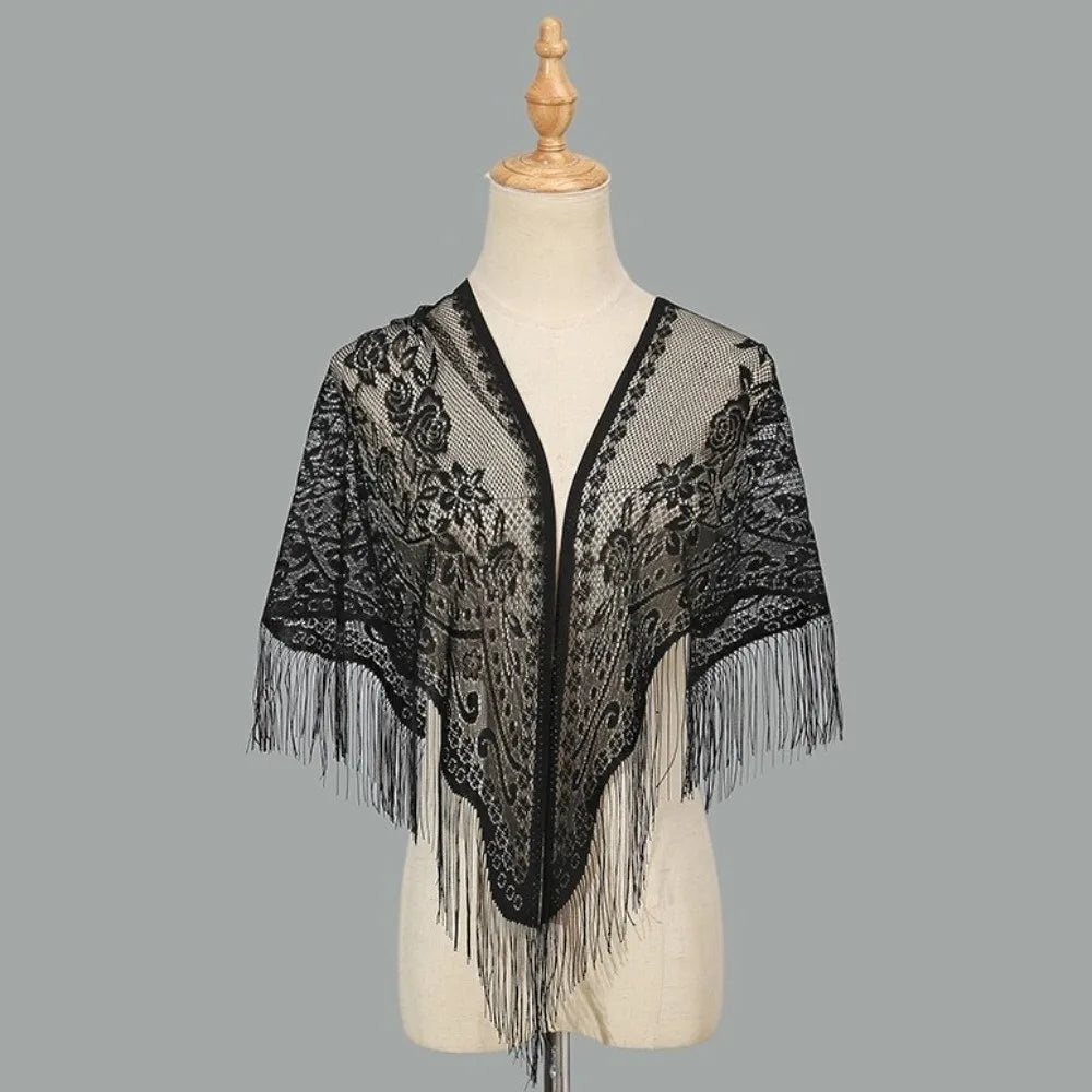 White Lace Mesh Tassel Triangle Shawl | Wedding Scarf Lace Triangle Shawl PLUSH