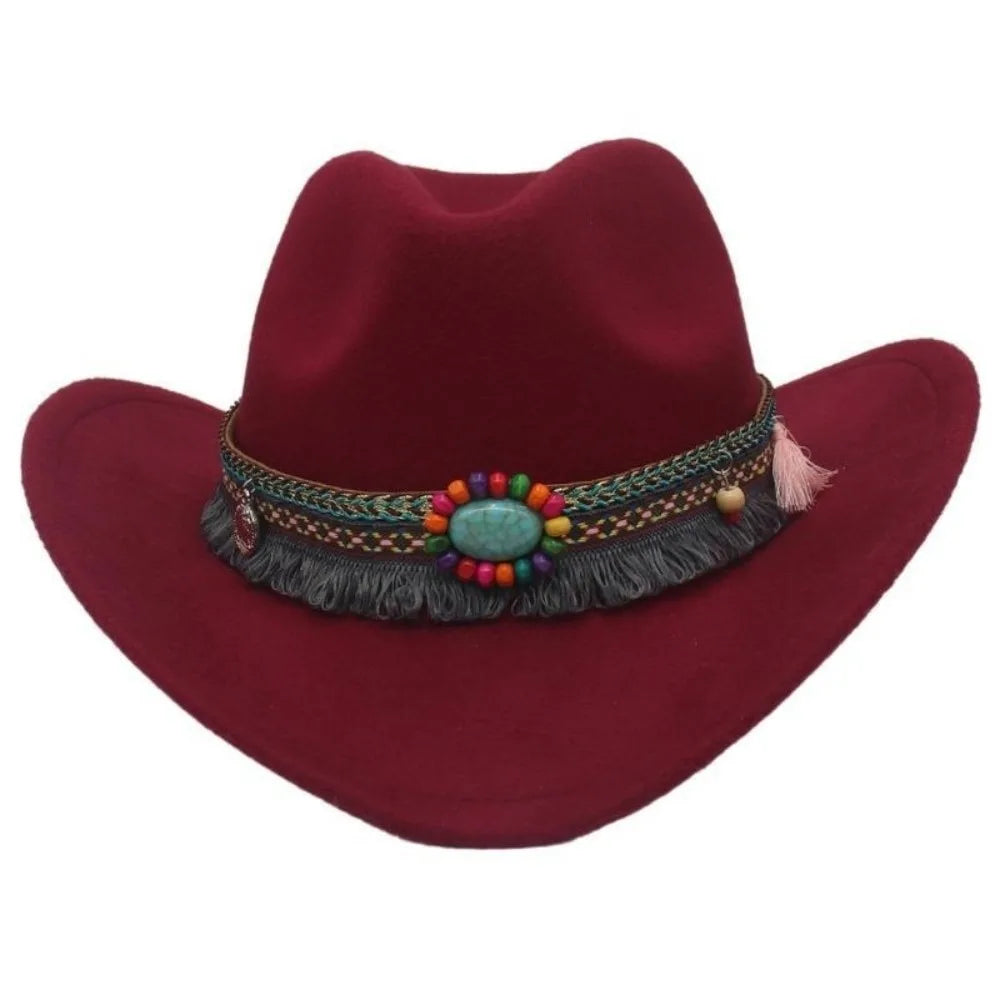 Wide Brim Western Cowboy Hat with Tassels – Unisex Cosplay Western Cowboy Hat PLUSH Dark Red