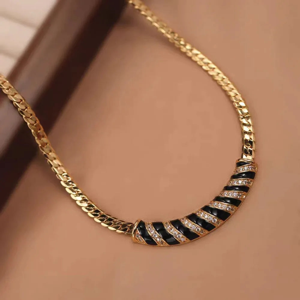 Black Gold Zircon Choker Necklace | French Retro Snake Chain Choker Necklace PLUSH as picture