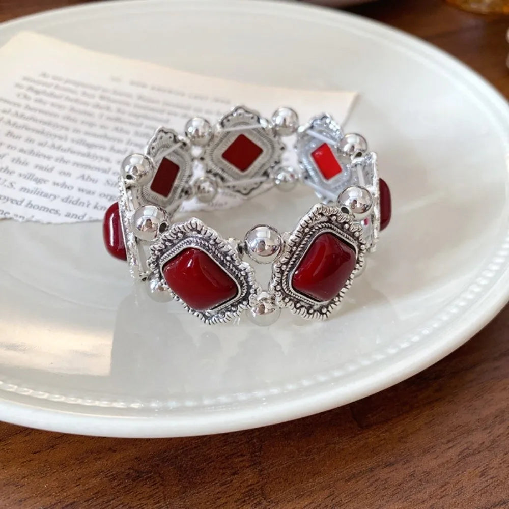 Vintage Bohemian Wide Acrylic Bangle Bracelet | Ethnic Retro Acrylic Bangle Bracelet PLUSH Red