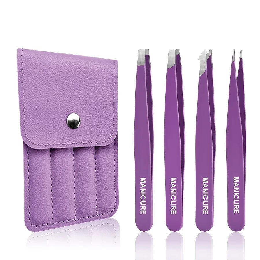 Ouriner 4pc Stainless Steel Tweezers – Eyelash & Brow Kit Beauty Tweezers Kit PLUSH