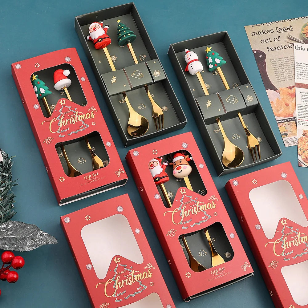 Santa Spoon & Fork Set – Christmas Holiday Dessert Tableware Holiday Flatware Set PLUSH