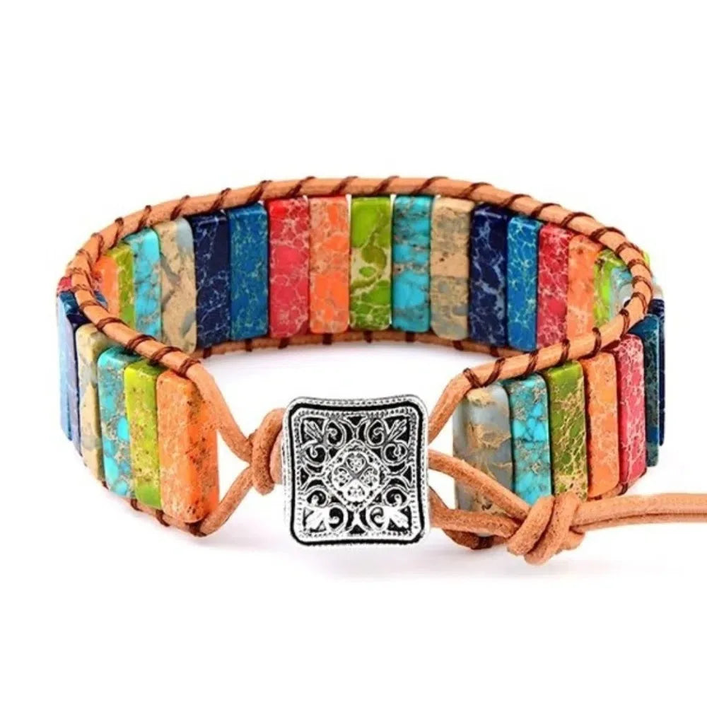 Rainbow Stone Beaded Bracelet – Boho Woven Adjustable Bangle Charm Bracelet PLUSH Multicolor
