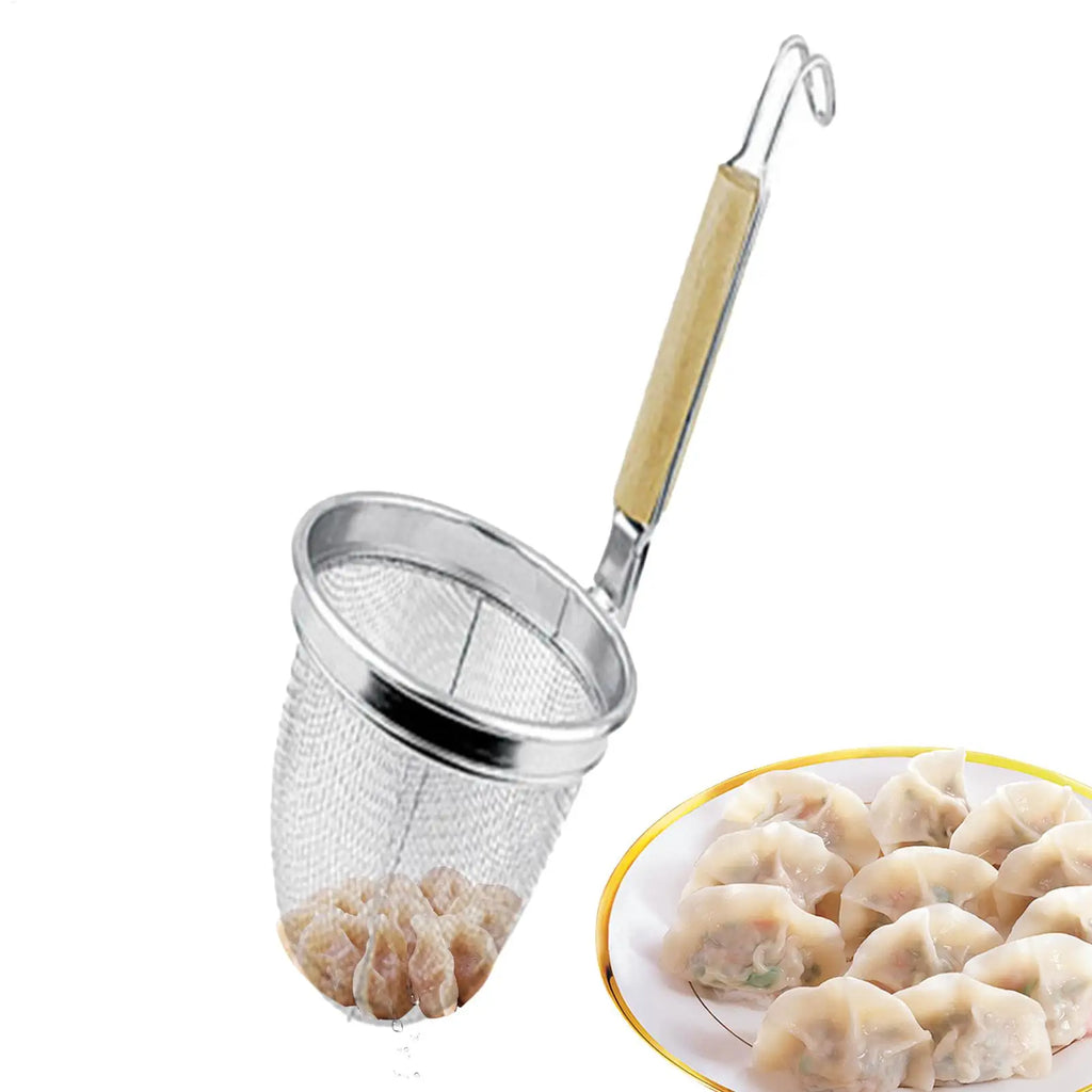 Wooden Handle Stainless Steel Strainer Basket – Pasta Skimmer Kitchen Strainer Basket PLUSH