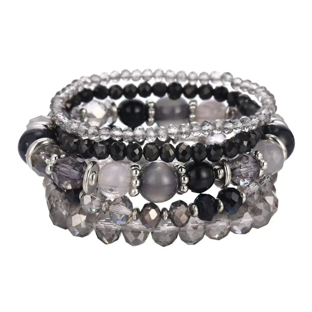 Bohemian Faceted Glass Bead Elastic Layered Bracelet Set 5pcs Beaded Bracelet Set PLUSH Black