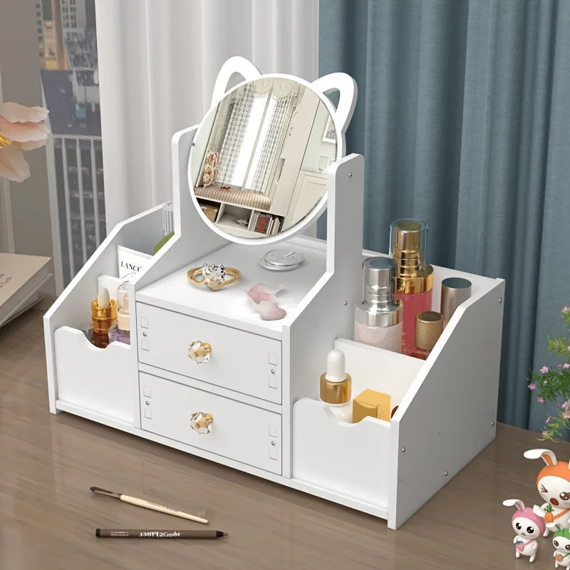 Freestanding Makeup Organizer with Mirror | Vanity Storage Makeup Organizer PLUSH WHITE